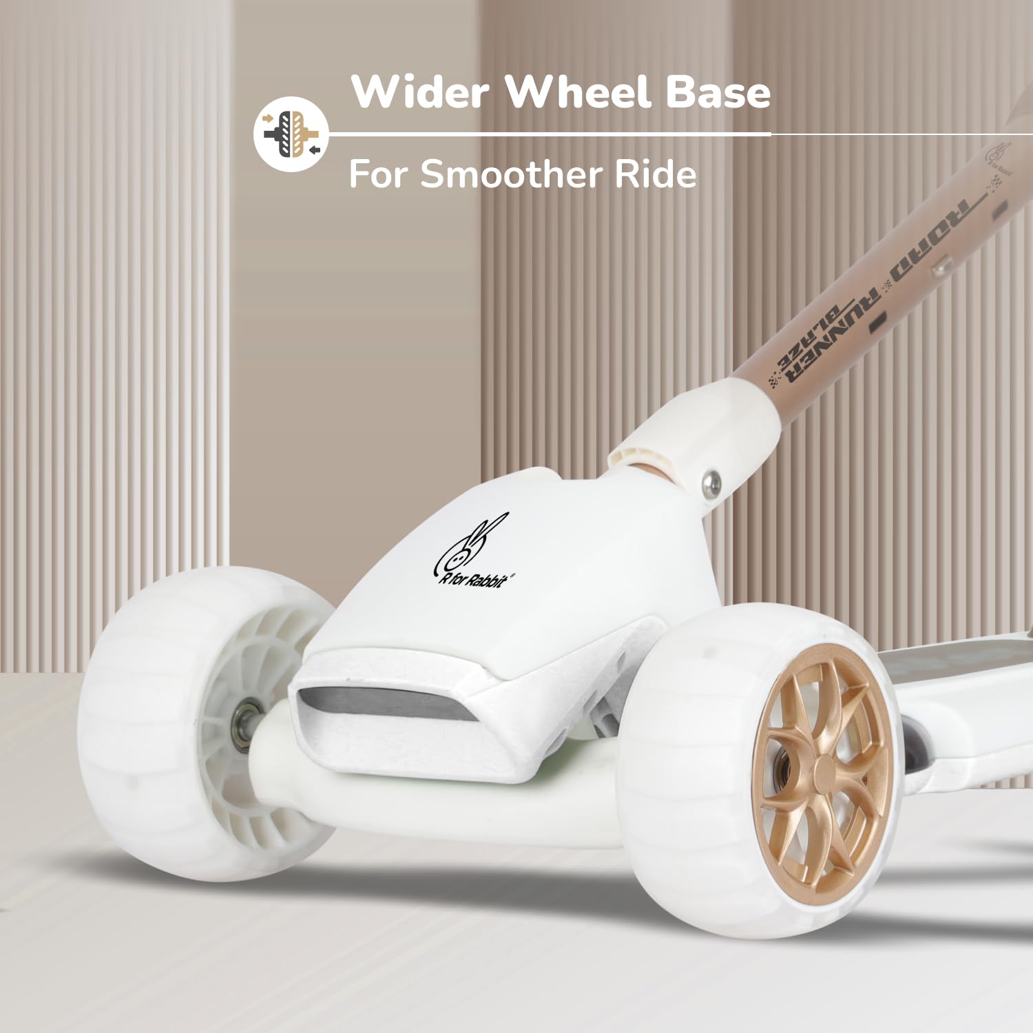 "The R for Rabbit Road Runner Blaze, a premium foldable 3-wheel kick scooter for children, presented in a sleek dark grey with stylish gold wheel accents. This scooter boasts durable PU LED light-up wheels, 4 adjustable height levels to grow with your child, and integrated light & music features for an enhanced riding experience. Available at Usmile Toys." www.usmile toys
